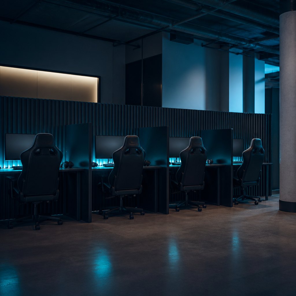 Four quiet gaming seats behind an acoustic baffle under soft cyan light
