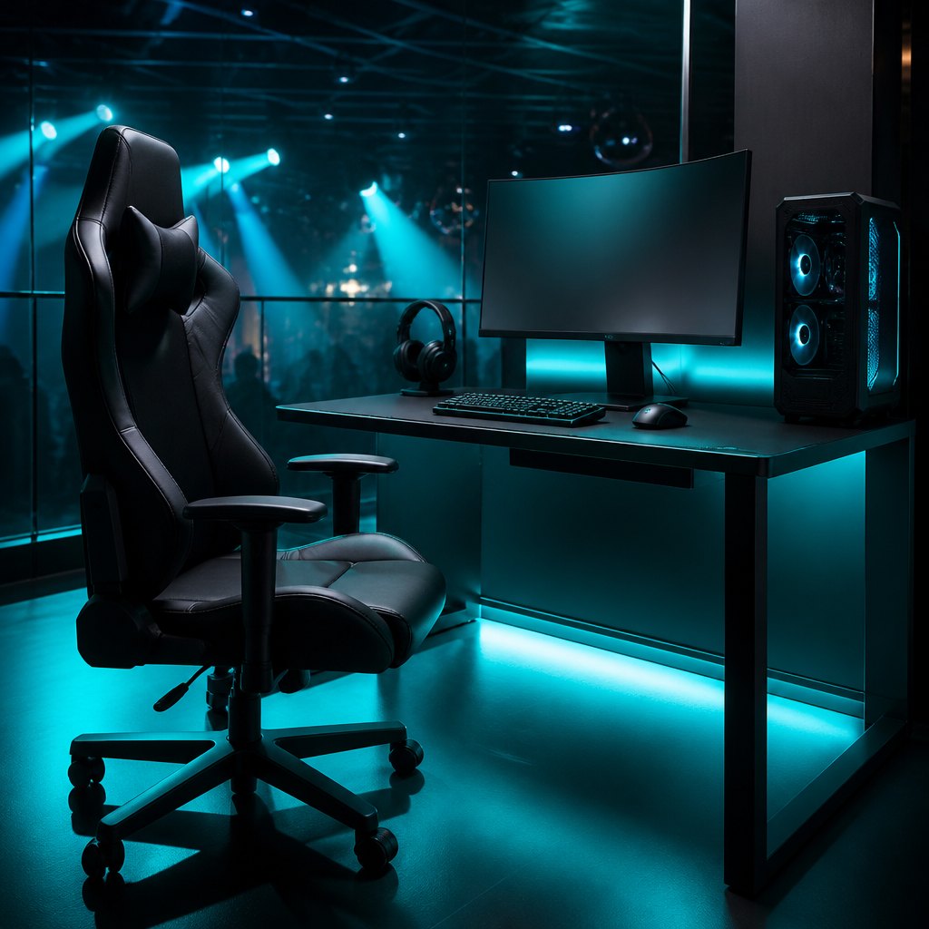 Close view of a gaming station keyboard and monitor lit in cool blue tones