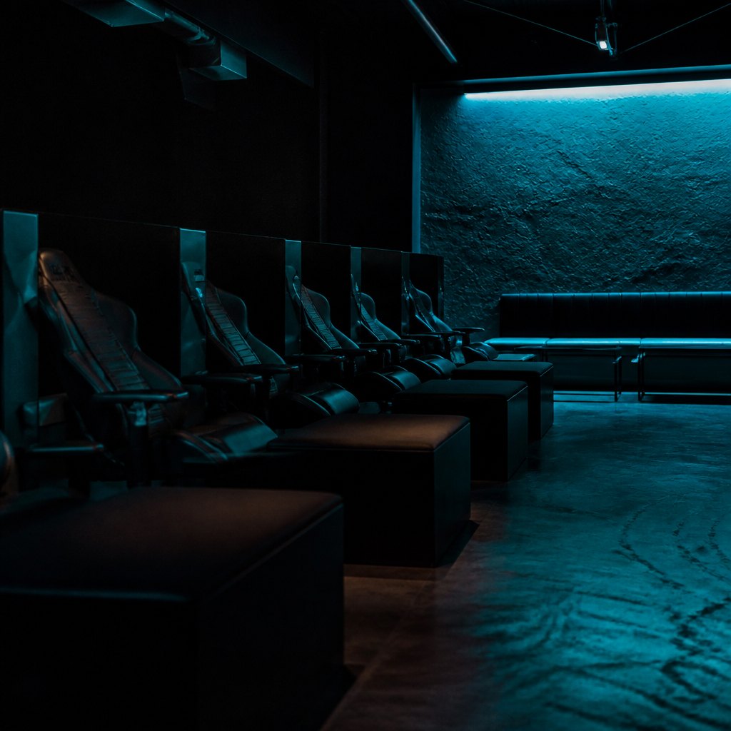 Wide view down the club floor lit in cool blue during an off-peak stretch