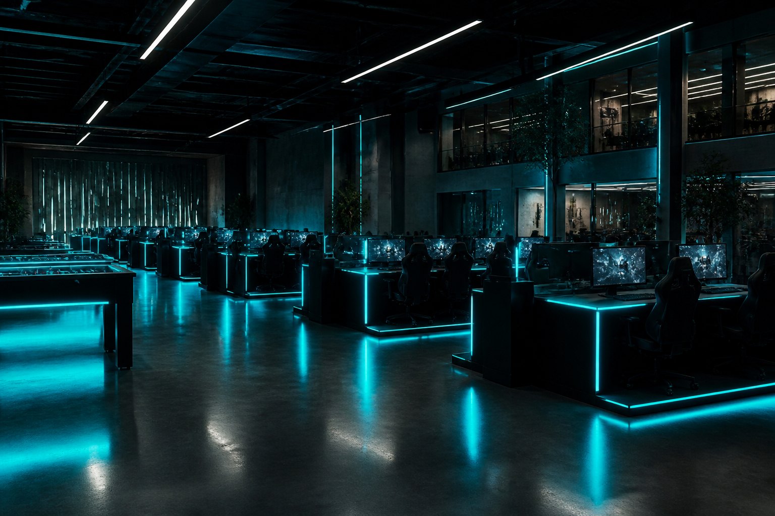 Rows of gaming stations glowing cyan across a dark computer club floor